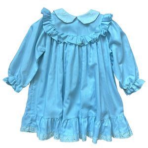 Vintage Little Star Girls 2T Blue Dress Ruffle, Eyelet Trim, Peter Pan Collar